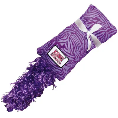 KONG Kickeroo Spielzeug in lila mit Zebramuster, weisser Schleife und flauschigem Schwanz. Markenlogo sichtbar auf der Vorderseite. KONG Kickeroo Spielzeug in lila mit Zebramuster, weisser Schleife und flauschigem Schwanz. Markenlogo sichtbar auf der Vorderseite.