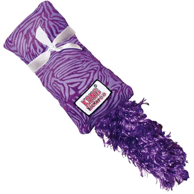 KONG Kickeroo kattenspeeltje van paarse stof met zebrapatroon, wit lint en pluizige staart. Merknaam 'KONG Kickeroo' zichtbaar op label. KONG Kickeroo kattenspeeltje van paarse stof met zebrapatroon, wit lint en pluizige staart. Merknaam 'KONG Kickeroo' zichtbaar op label.