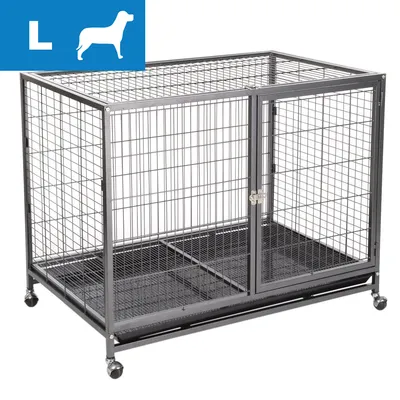 Cage pour chien en métal avec roulettes, porte à loquet, taille L indiquée par un pictogramme bleu avec un chien et la lettre L dans le coin supérieur gauche.