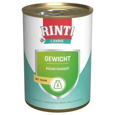 Konzerva Rinti Canine, nápisy: GEWICHT REDUKTIONSDIÄT, MIT HUHN, WENIG FETT – WENIGER KALORIEN – BALLASTSTOFFE. Zelený štít s ikonou závaží.
