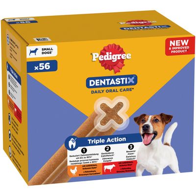 Pedigree Dentastix Daily Oral Care dla małych psów, 56 sztuk. Potrójne działanie: redukuje powstawanie kamienia nazębnego, zdrowsze dziąsła, świeższy oddech. Z naturalnym kurczakiem i wołowiną.