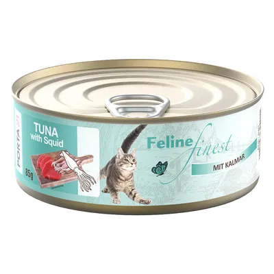 Porta 21 Feline Finest konzerva, 85g, tuňák s kalamárem. Zobrazení ingrediencí a kočky na obalu.