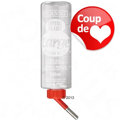 Bouteille d’eau CLASSIC Crystal De-Luxe Large 600 ml, embout en acier inoxydable, texte Coup de cœur sur badge rouge et blanc visible.