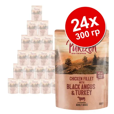 Purizon Chicken Fillet with Black Angus & Turkey для взрослых собак, 24×300 г. Надпись: 45% chicken fillet. Упаковки с изображением природы. Purizon Chicken Fillet with Black Angus & Turkey для взрослых собак, 24×300 г. Надпись: 45% chicken fillet. Упаковки с изображением природы.