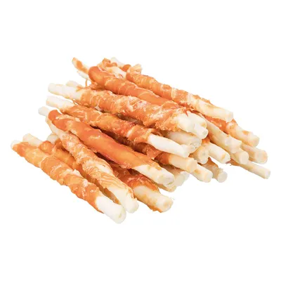 Diversi snack da masticare a forma di bastoncino, avvolti con carne di pollo essiccata.