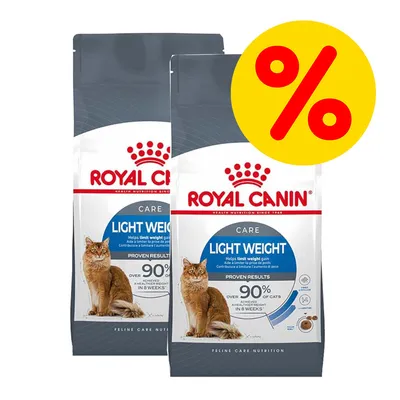 Royal Canin Light Weight Care Trockenfutter für Katzen, Doppelpack mit gelbem Prozentzeichen für Rabattaktion.