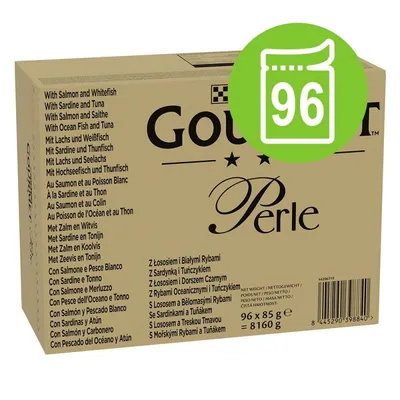 Gourmet Perle natvoer voor katten, 96 x 85 g, varianten: zalm, witvis, sardine, tonijn, koolvis, zeevis. Totaalgewicht: 8160 g.
