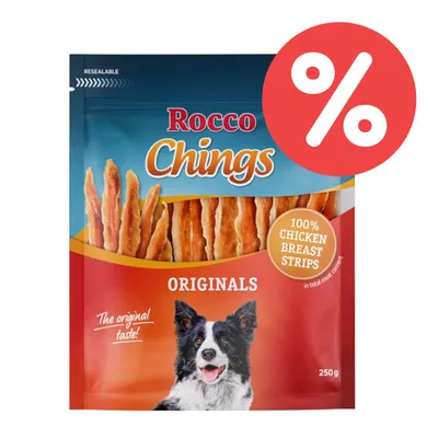 Rocco Chings Originals, 100% Chicken Breast Strips, 250g. The original taste! Verpackung mit Rabatt-Symbol.