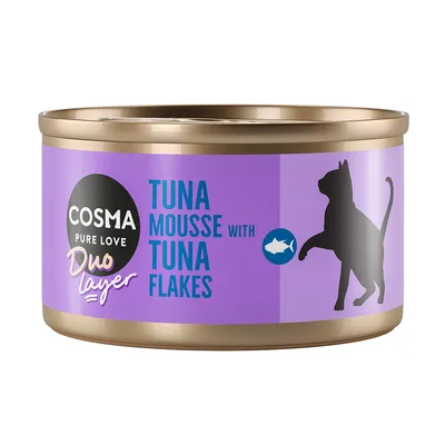 Cosma Pure Love Duo Layer. Tonfiskmousse med tonfiskbitar, lila förpackning med svart kattsilhuett.