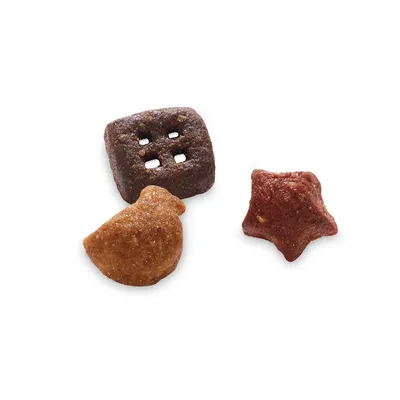 Tres formas diferentes de pienso seco: cuadrado marrón con agujeros, forma de pájaro naranja y forma de estrella roja.
