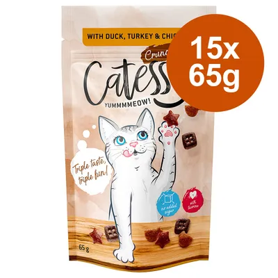 Catessy Crunchy Snacks mit Ente, Truthahn und Huhn. 15x65g Packung. Ohne Zuckerzusatz, mit Taurin. Triple taste, triple fun!