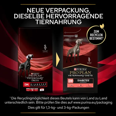 Purina Pro Plan Veterinary Diets DM Diabetes Management. Neue Verpackung, dieselbe Tiernahrung. Zum Recyceln bestimmt. Gilt für 1,3-kg und 3-kg-Packungen.