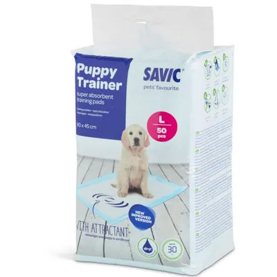 Savic Puppy Trainer superchłonne maty treningowe, rozmiar L, 50 sztuk, 60x45 cm. Z atraktantem, ulepszona wersja. Technologia suchej powierzchni, do 30 dni ochrony.