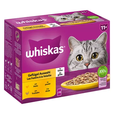 whiskas 11+ Geflügel Auswahl in Gelee, mit Huhn, mit Truthahn, 12 x 100g. Purple box with cat image and yellow label. 100% green badge visible. Text in German and French.