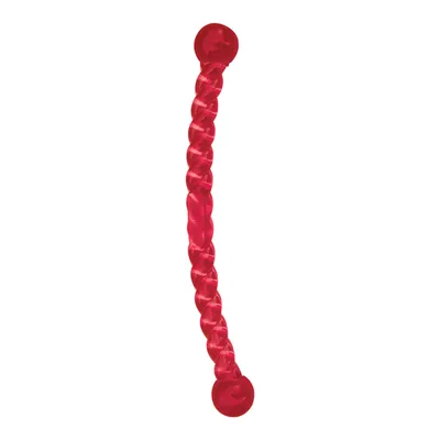Red, twisted plastic toy with balls at both ends.