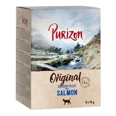 Purizon Original Chicken Fillet with Salmon, 6 x 70g. Hochwertige Zutaten mit 14% Hühnerfilet. Verpackung zeigt Landschaft mit Fluss und Bergen.