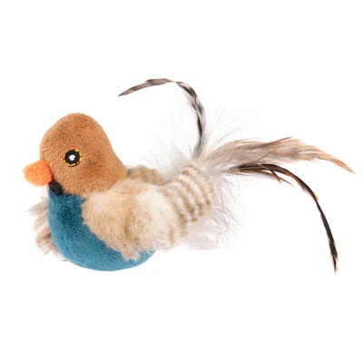 Plüschspielzeug in Vogelform mit braunem Kopf, orangefarbenem Schnabel, blauem Körper und langen gestreiften Federn am Schwanz.