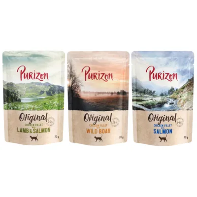 Purizon Original Chicken Fillet, Sorten: Lamm & Lachs, Wildschwein, Lachs. Verpackungsgröße: 70g.