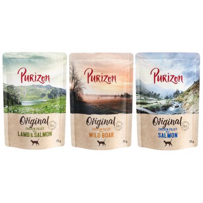 Purizon Original Adult 24 x 70 g - getreidefrei Mixpaket (2 x Lachs, Lachs & Lamm, Wildschwein)
