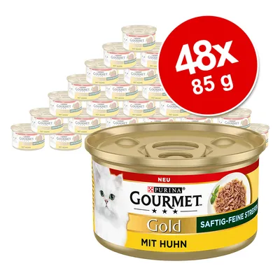 Purina Gourmet Gold met kip, sappige fijne reepjes. Verpakking met 48 blikjes van 85 g.