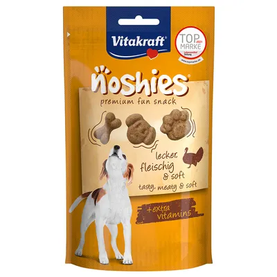Vitakraft Noshies Premium Fun Snack, smakelijk vlezig en zacht, met extra vitamines. Topmerk 2021 Lebensmittel Zeitung.