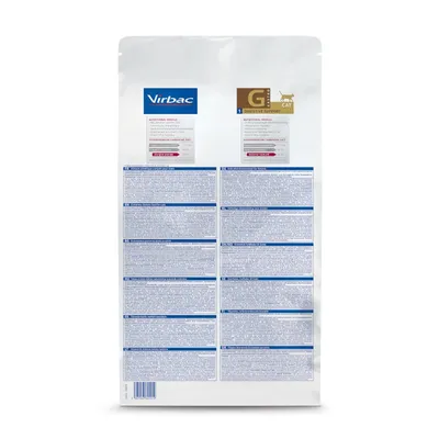 Embalagem de ração Virbac Digestive Support Cat, com tabela nutricional e informações em vários idiomas visíveis no verso.