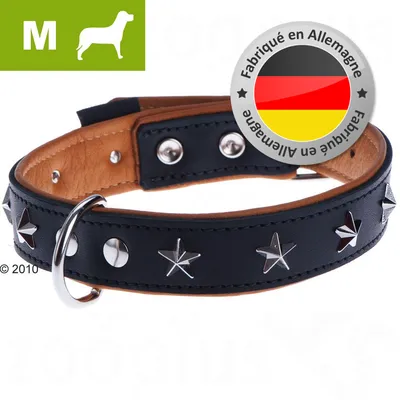 Černý kožený obojek s kovovými hvězdami, velikost M, nápis Fabriqué en Allemagne a německá vlajka na odznaku.