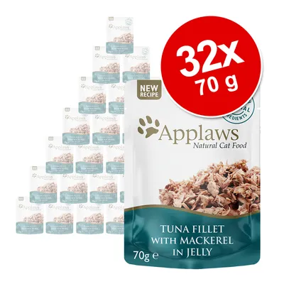 Applaws Natural Cat Food, Tuna Fillet with Mackerel in Jelly, 32 x 70 g annospussia. Pakkauksessa teksti: NEW RECIPE. Applaws Natural Cat Food, Tuna Fillet with Mackerel in Jelly, 32 x 70 g annospussia. Pakkauksessa teksti: NEW RECIPE.