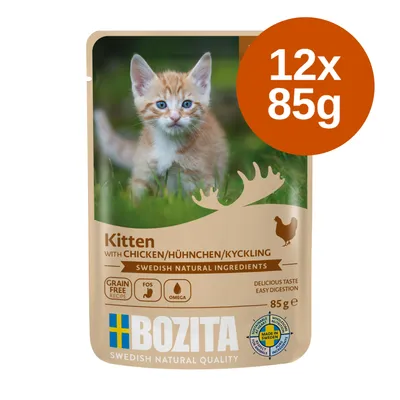 BOZITA Kitten with Chicken, 12×85g. Grain free recipe, FOS, Omega, Swedish natural ingredients, delicious taste, easy digestion. Vyrobeno ve Švédsku. Balení pro koťata.