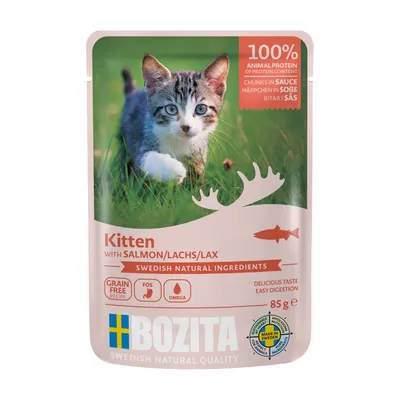 Kitten food with salmon, grain free recipe, contains FOS and omega, 100% animal protein, chunks in sauce, Swedish natural ingredients, 85g pouch.