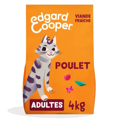 Sac Edgard Cooper pour chats adultes, poulet, viande fraîche, 4 kg. Texte visible : ADULTES, POULET, VIANDE FRAÎCHE.