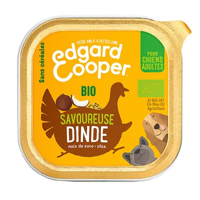 Barquette Edgard Cooper BIO savoureuse dinde, noix de coco et chia, sans céréales, pour chiens adultes. Certificat bio AT-BIO-301 EU/Non-EU Agriculture visible sur l’emballage.