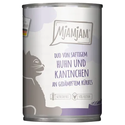 MjAMjAM Duo von saftigem Huhn und Kaninchen an gedämpftem Kürbis, texte en allemand sur la boîte, mentions visibles : getreidefrei, viel Fleisch.