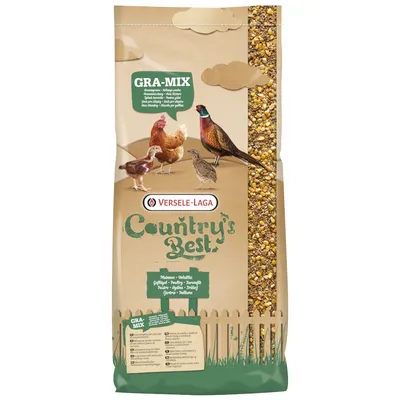 Versele-Laga Country's Best Gra-Mix, Futtermischung für Geflügel mit Mais und Getreide. Verpackung zeigt Huhn, Fasan, Küken und Wachtel.