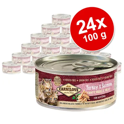 Carnilove Turkey & Salmon White Muscle Meat för kattungar, 24x100 g burkar. Text: Potato-free, Grain-free, Balanced holistic formula to satisfy cats' instinctive love of meat.