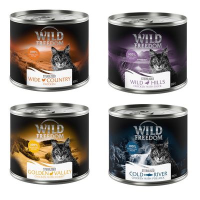 Wild Freedom Adult Sterilised, 6 x 200 g - bez zbóż Pakiet mieszany (2x czysty kurczak, 2x kurczak i czarnniak, 1x kurczak i królik, 1x kurczak i kaczka)