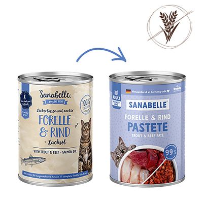 Sanabelle Forelle & Rind Lachsöl und Sanabelle Forelle & Rind Pastete, beide Dosen abgebildet, glutenfrei Symbol oben rechts.