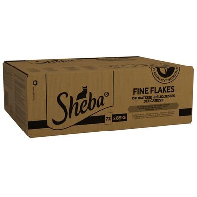 Sheba Fine Flakes, 72 x 85g packs, in jelly. Box shows product name and quantity.