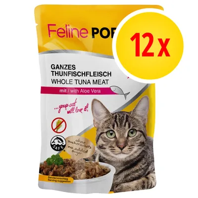 Feline Porta, sachet de nourriture pour chat, thon entier avec aloe vera, sans sucre ajouté, lot de 12. Texte en anglais et allemand visible sur l’emballage.