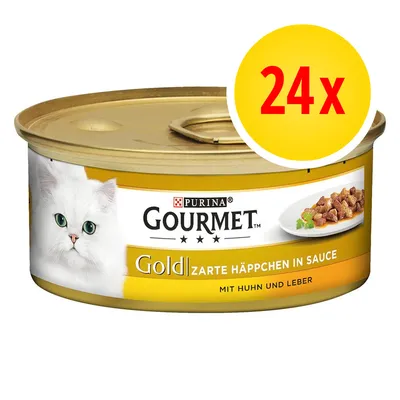Purina Gourmet Gold Zarte Häppchen in Sauce mit Huhn und Leber, 24x. Tin with white cat image and food pieces on plate shown on label.