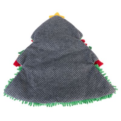 Szary materiał w kształcie choinki z zielonymi frędzlami i żółtą gwiazdą na czubku.