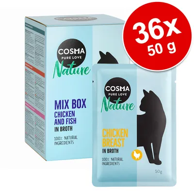 Cosma Pure Love Nature Mix Box Chicken and Fish in Broth, 36 sobres de 50 g. Ingredientes 100 % naturales. Sobre visible: Chicken Breast in Broth, 50 g. Cosma Pure Love Nature Mix Box Chicken and Fish in Broth, 36 sobres de 50 g. Ingredientes 100 % naturales. Sobre visible: Chicken Breast in Broth, 50 g.