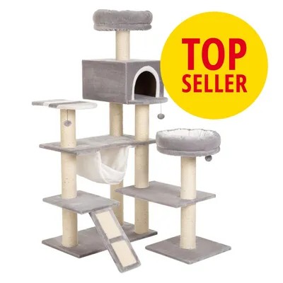 Rascador para gatos de varios niveles con postes de sisal, plataformas, cueva y cama. Texto visible: TOP SELLER en círculo amarillo.