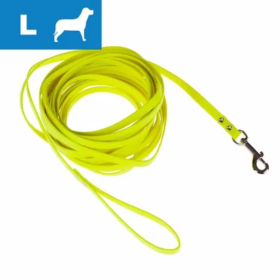 Yellow long lead with metal clip and hand loop, shown coiled. Blue icon in corner displays large size with silhouette of an animal. Yellow long lead with metal clip and hand loop, shown coiled. Blue icon in corner displays large size with silhouette of an animal.