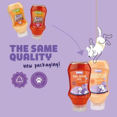 BRAAAF Salmon Oil and Salmon Oil Sheep Fat bottles for dogs and cats, new packaging. Text: THE SAME QUALITY, new packaging! 100% recyclable, approved by dogs.