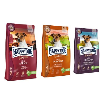 Pack gourmand Happy Dog Sensible Mini Ireland, saumon et lapin, pour chiens adultes ≤10 kg. Trois sacs visibles avec texte 'Pack gourmand' sur un cercle rouge.
