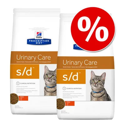 Hill's Prescription Diet Urinary Care s/d Katzenfutter mit Huhn, klinische Ernährung, Angebot mit Prozentzeichen.