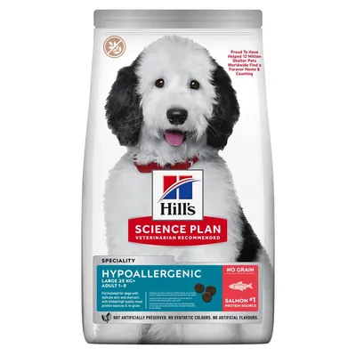 Hill's Science Plan Hypoallergenic hrană pentru câini mari peste 25 kg, adulți 1-5 ani, cu somon, fără cereale, recomandată de veterinari.