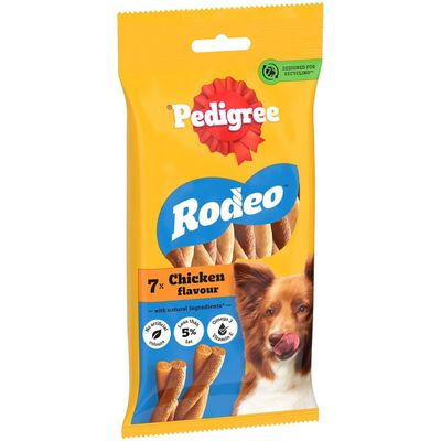 Pedigree Rodeo. Made with natural ingredients, less than 5% fat, no artificial colourings.