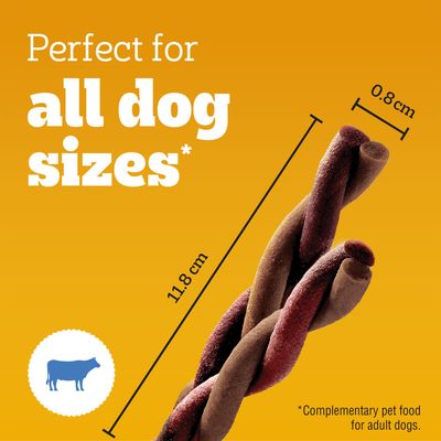 Chew snack, length 11.8 cm, diameter 0.8 cm. Text: Perfect for all dog sizes. Symbol with cow. Note: Complementary pet food for adult dogs.